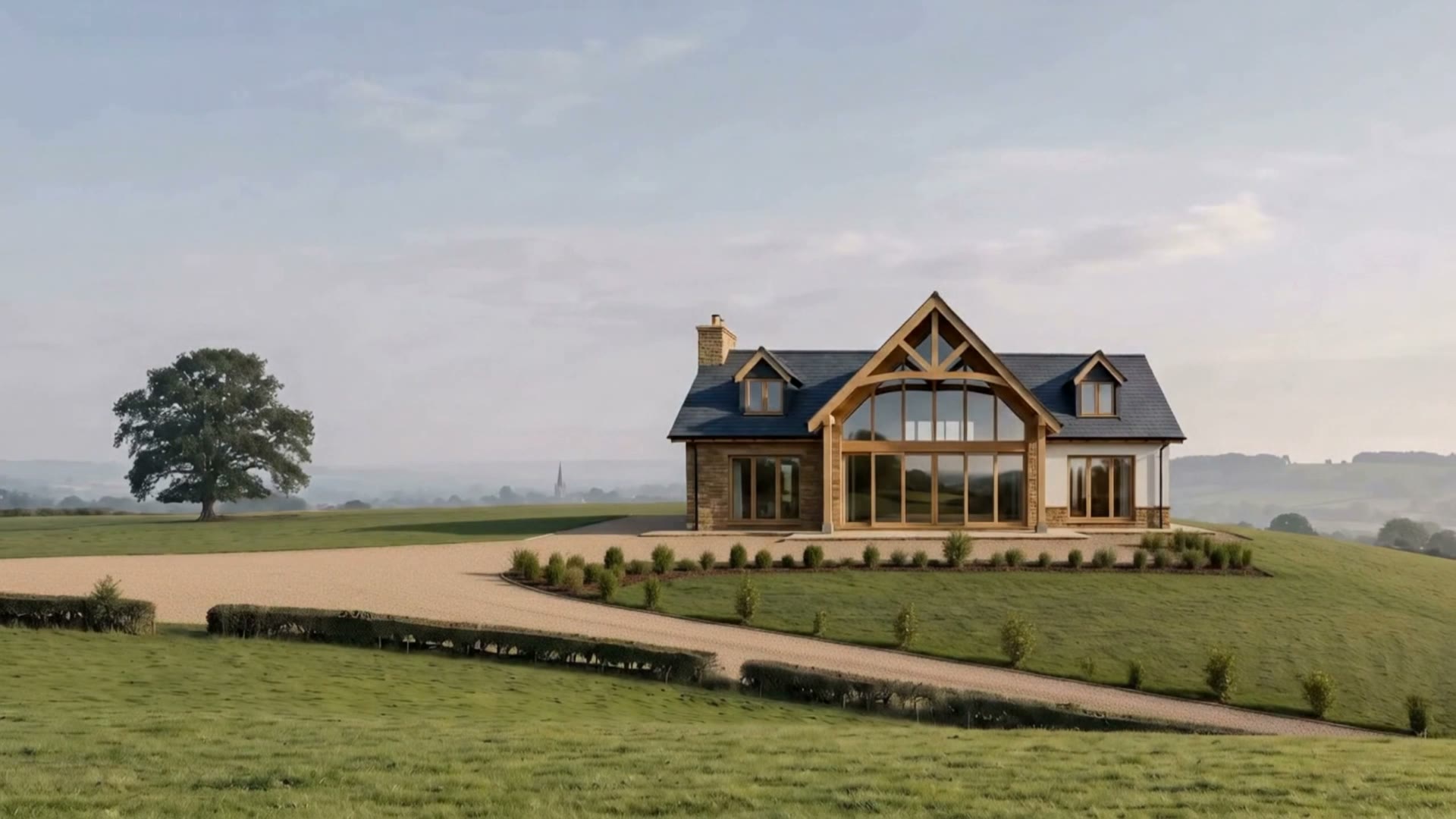 A completed oak-framed house standing in open countryside